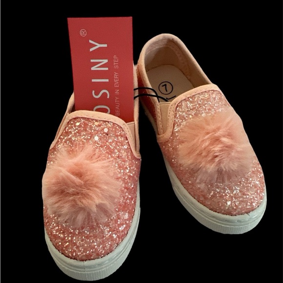 Kids Size 7 Pink Glittered Poms Slip On Shoes BNWT - Picture 3 of 7
